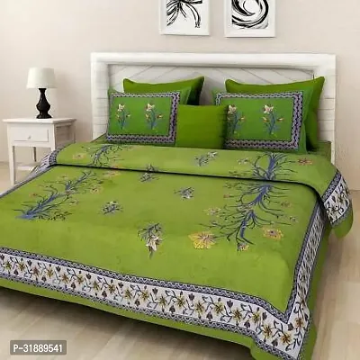 Comfortable Green Cotton Printed 1 Bedsheet + 2 Pillowcovers-thumb0