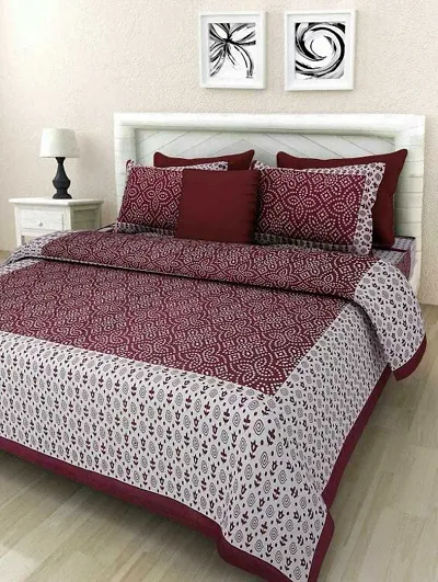 Doraya Queen Size Double Bed Sheet with Pillow Covers Pure Cotton Jaipuri Chunari Printed Bedcover