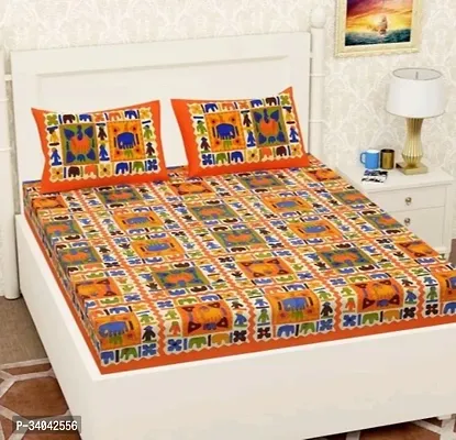 Stylish Orange Cotton Printed 1 Bedsheet 2 Pillowcovers For Double Bed