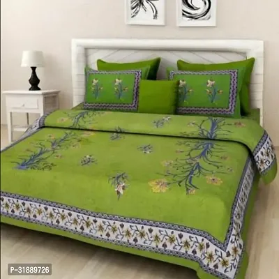 Comfortable Green Cotton Printed 1 Bedsheet + 2 Pillowcovers-thumb0