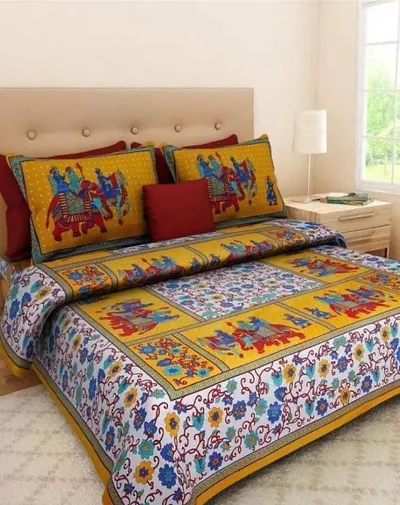 ART WORLD Queen Size Double Bed Sheet with Pillow Covers Pure Cotton Rajasthani Jaipuri Traditional Printed Bedcover