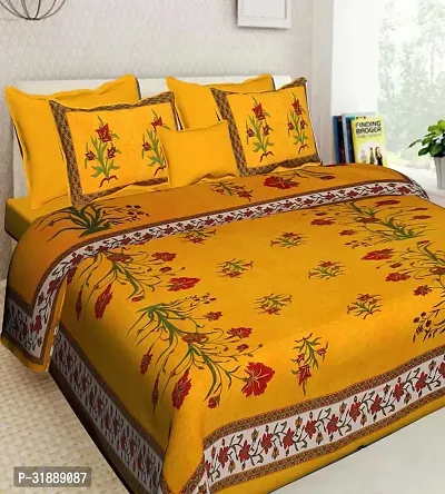 Comfortable Yellow Cotton Printed 1 Bedsheet + 2 Pillowcovers-thumb0