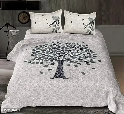 Comfortable Off White Cotton Printed 1 Bedsheet + 2 Pillowcovers-thumb0