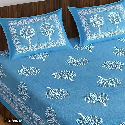 Comfortable Blue Cotton Printed 1 Bedsheet + 2 Pillowcovers-thumb2