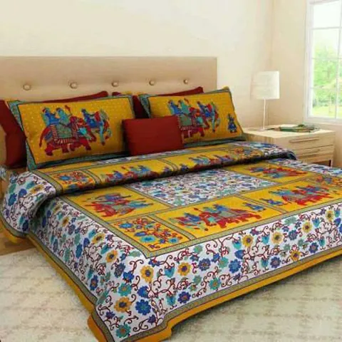 Jaitik Creations Jaipuri Printed Cotton Double Bedsheet with 2 Pillow Covers JC_0249