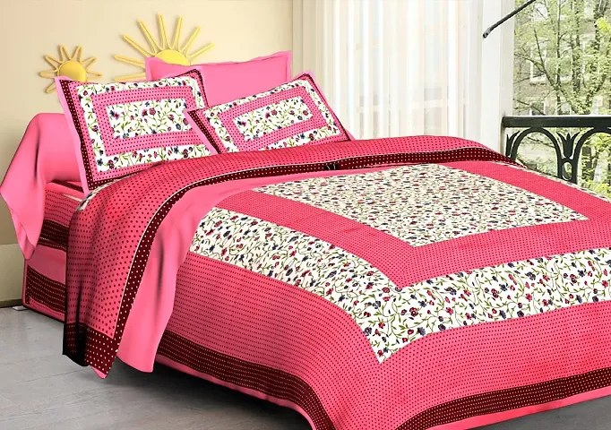 sanganeri Jaipuri Printed Cotton Double bedsheet with 2 Pillow Cover PS -barfi