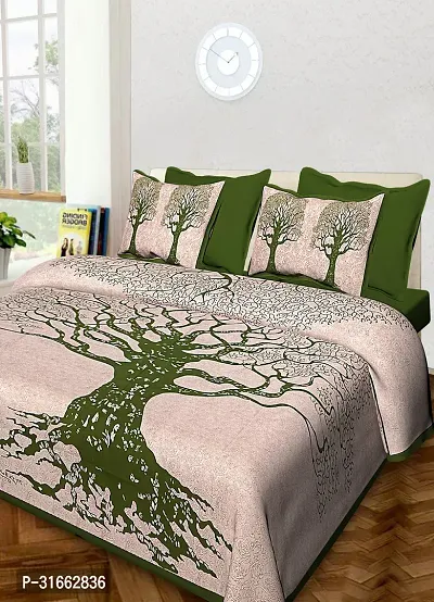 Comfortable Green Cotton Double 1 Bedsheet + 2 Pillowcovers-thumb0