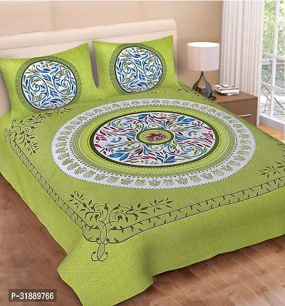 Comfortable Green Cotton Printed 1 Bedsheet + 2 Pillowcovers