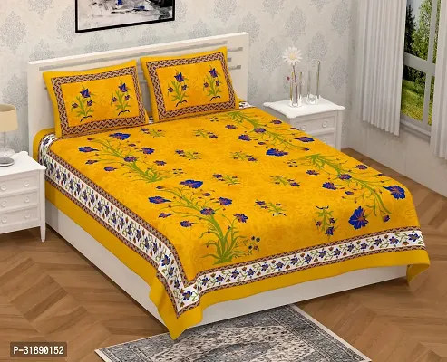 Comfortable Yellow Cotton Printed 1 Bedsheet + 2 Pillowcovers-thumb0