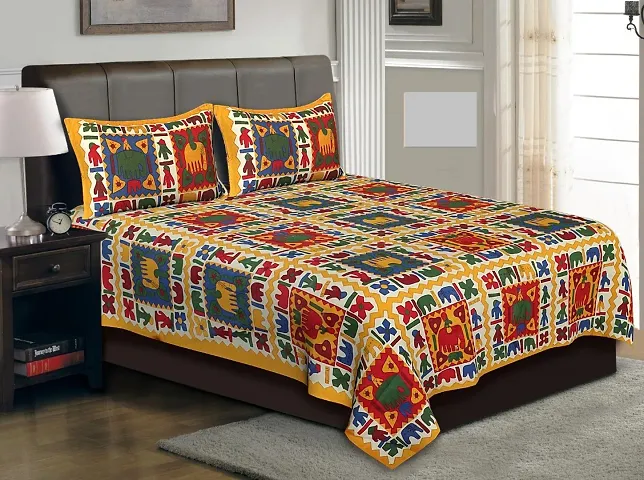 Multicoloured Cotton Printed Bedsheet with 2 Pillow Covers