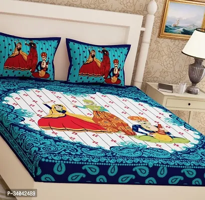 Stylish Blue Cotton Printed 1 Bedsheet 2 Pillowcovers For Double Bed-thumb2