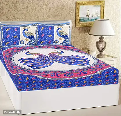 Stylish Blue Cotton Printed 1 Bedsheet 2 Pillowcovers For Double Bed