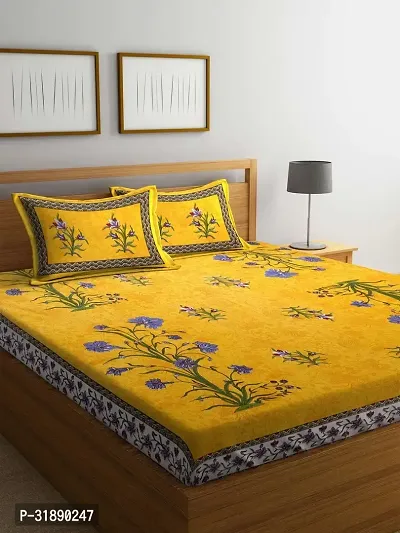 Comfortable Yellow Cotton Printed 1 Bedsheet + 2 Pillowcovers-thumb0