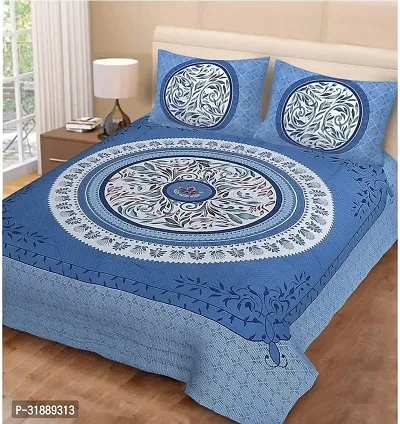 Comfortable Blue Cotton Printed 1 Bedsheet + 2 Pillowcovers