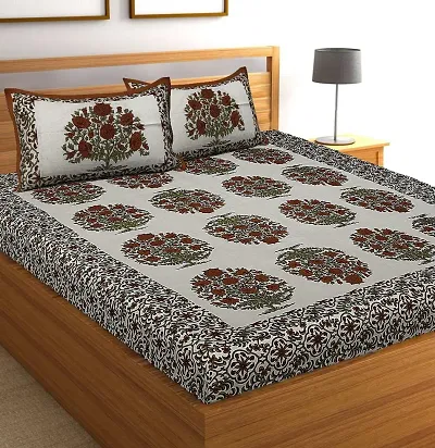 sanganeri Jaipuri Printed Cotton Double bedsheet with 2 Pillow Cover PS - gulab gamla