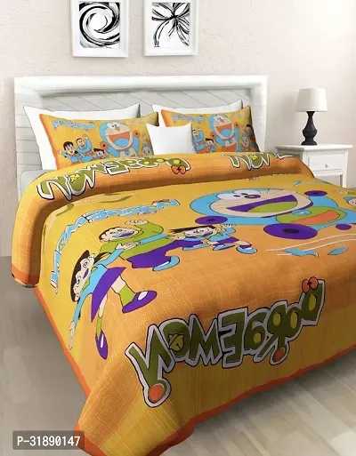 Comfortable Yellow Cotton Printed 1 Bedsheet + 2 Pillowcovers