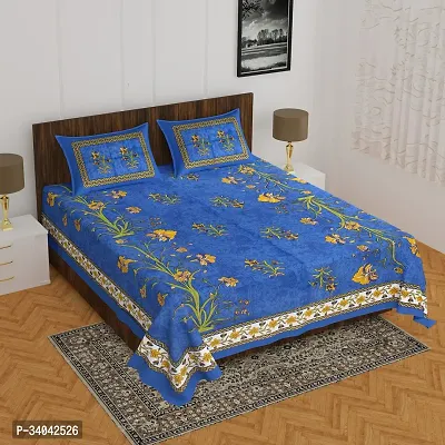 Stylish Blue Cotton Printed 1 Bedsheet 2 Pillowcovers For Double Bed-thumb0