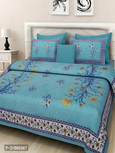 Comfortable Blue Cotton Printed 1 Bedsheet + 2 Pillowcovers-thumb0