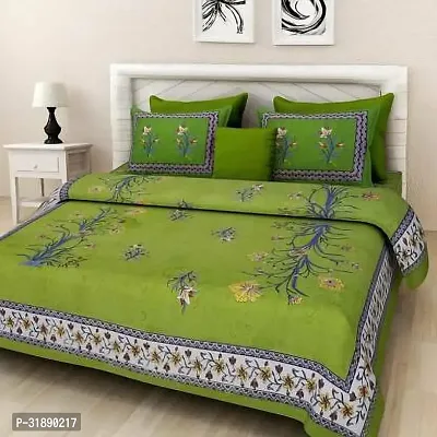 Comfortable Green Cotton Printed 1 Bedsheet + 2 Pillowcovers