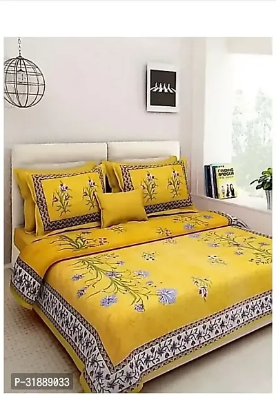 Comfortable Yellow Cotton Printed 1 Bedsheet + 2 Pillowcovers