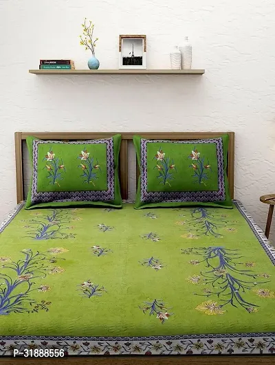 Comfortable Green Cotton Printed 1 Bedsheet + 2 Pillowcovers