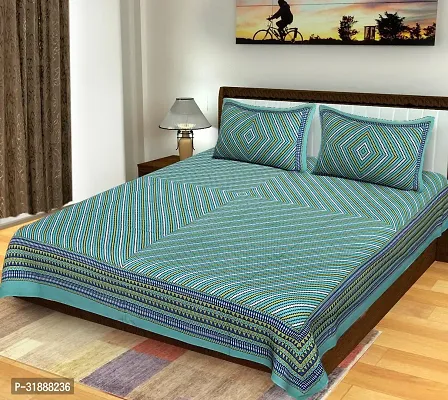 Comfortable Green Cotton Printed 1 Bedsheet + 2 Pillowcovers