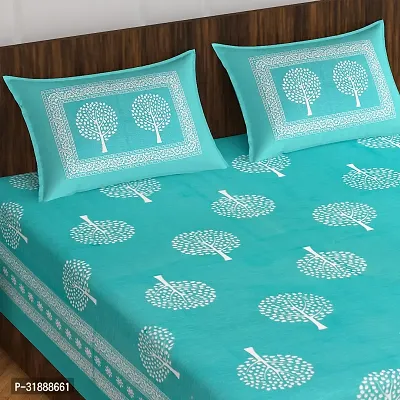 Comfortable Turquoise Cotton Printed 1 Bedsheet + 2 Pillowcovers-thumb2