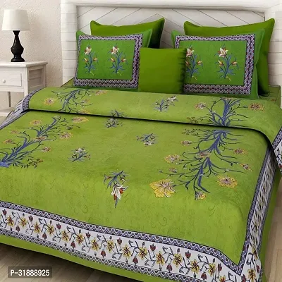 Comfortable Green Cotton Printed 1 Bedsheet + 2 Pillowcovers