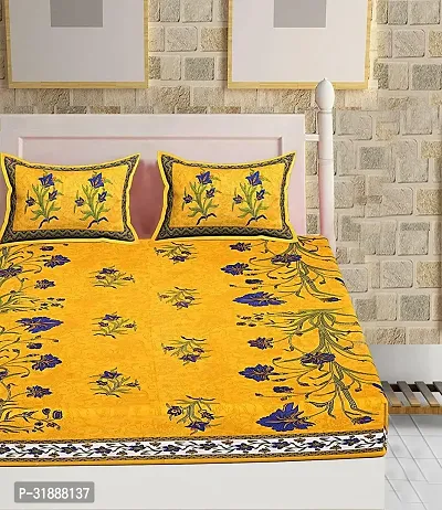 Comfortable Yellow Cotton Printed 1 Bedsheet + 2 Pillowcovers-thumb2