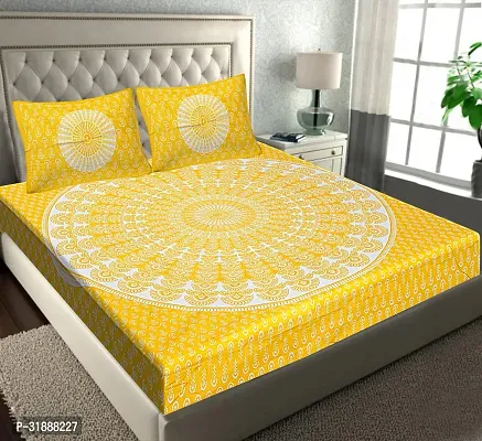 Comfortable Yellow Cotton Printed 1 Bedsheet + 2 Pillowcovers-thumb0