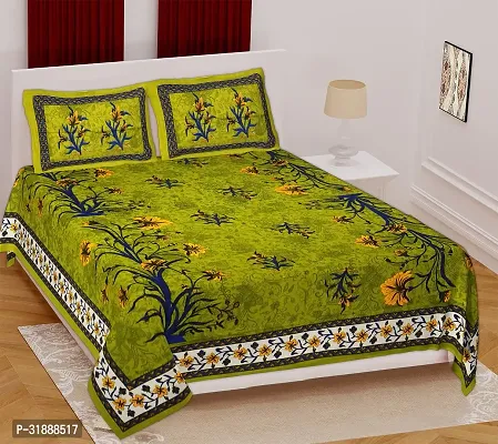 Comfortable Green Cotton Printed 1 Bedsheet + 2 Pillowcovers-thumb0