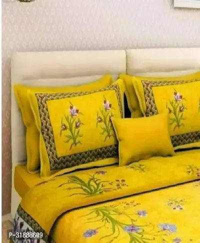 Comfortable Yellow Cotton Printed 1 Bedsheet + 2 Pillowcovers-thumb2