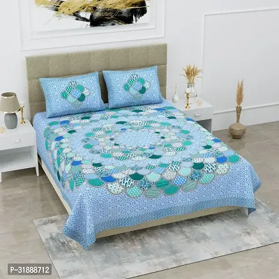 Comfortable Blue Cotton Printed 1 Bedsheet + 2 Pillowcovers