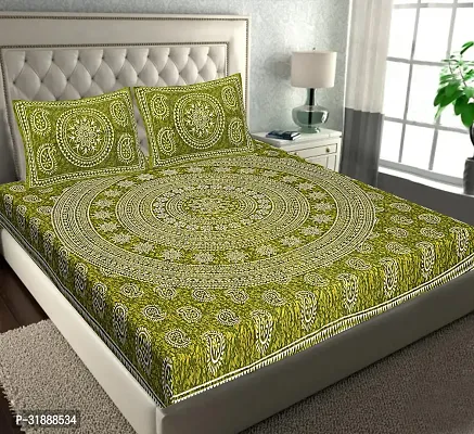 Comfortable Green Cotton Printed 1 Bedsheet + 2 Pillowcovers-thumb0