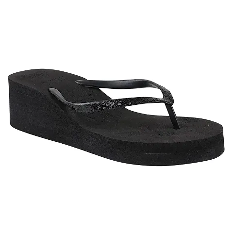 TRYME Women's Casual Slippers II Indoor House or Outdoor Latest Fashion Black Wedge Heel Flipflop Slipper II Soft And Skin Friendly