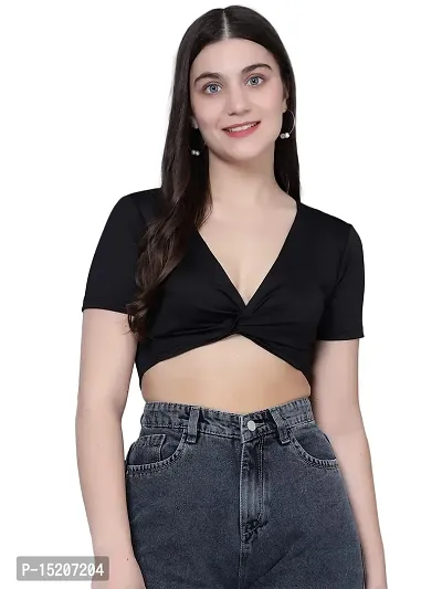 UNFLD Women's Solid Crop Top with Knot| Slim Fitted Half-Sleeves Front Knot Crop Tops with Deep V Neck for Women  Girls -Black-thumb0