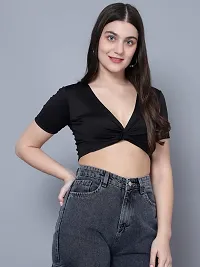 UNFLD Women's Solid Crop Top with Knot| Slim Fitted Half-Sleeves Front Knot Crop Tops with Deep V Neck for Women  Girls -Black-thumb4