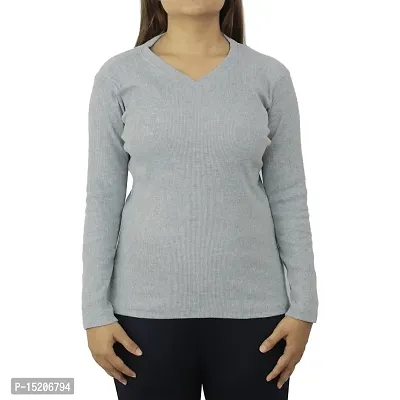 Ayvina Women's Cotton Rib Lycra Regular Pullover Sweater | V-Neck Full Sleeve Sweatshirt for Women Size L Color Gray-thumb0