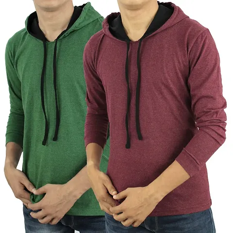 Ayvina Men's Cotton Full Sleeves Hooded T-Shirt Sweatshirt Pack of 2