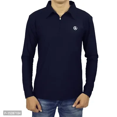 Ayvina Polo Neck Full Sleeve Cotton Solid Regular Fit T Shirt for Men|Men's Collar Neck Full Sleeve Cotton Blend T-Shirt Size L Color Navy