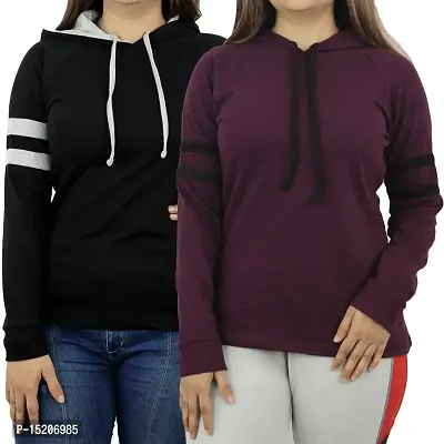 Ayvina Women's Cotton Full Sleeve Solid Hooded T-Shirt Regular Fit Winter Hoodie Tshirts Pack of 2 Black,Wine-thumb0