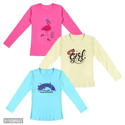 Ayvina 100% Breathable Cotton Girls Full Sleeve T-Shirt | Girls Full Sleeve Printed T-Shirt Combo - Casual Long Sleeve Tees, Regular Fit Round Neck Tops for Girls Pack of 3