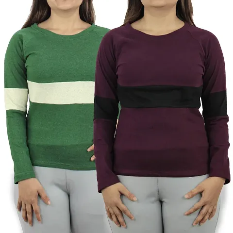 Ayvina Cotton Regular Fit Full Sleeve Striped T-Shirt for Women Pack of 2