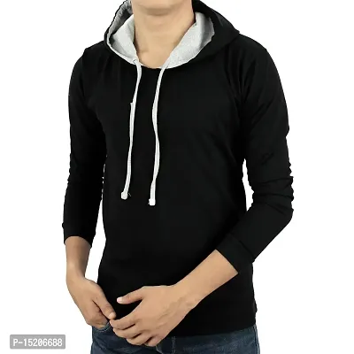 Ayvina Men's Cotton Full Sleeves Hooded T-Shirt Sweatshirt Black