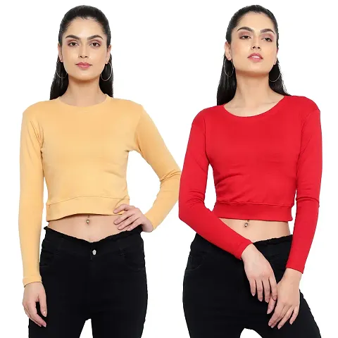 Ayvina Women's/Girls Super Soft Round Neck Full Sleeves Crop Top | Women's Cotton Crop Top T-Shirt with Long Sleeves Pack of 2