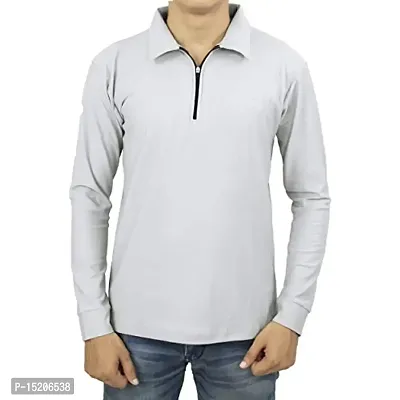 Ayvina Polo Neck Full Sleeve Cotton Solid Regular Fit T Shirt for Men|Men's Collar Neck Full Sleeve Cotton Blend T-Shirt Size XL Color Grey