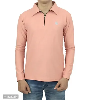 Ayvina Polo Neck Full Sleeve Cotton Solid Regular Fit T Shirt for Men|Men's Collar Neck Full Sleeve Cotton Blend T-Shirt Size M Color Peach