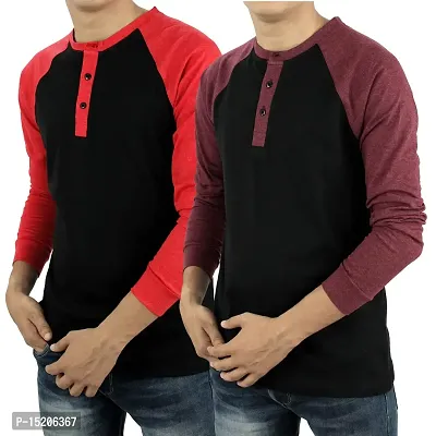 Ayvina Regular fit Solid Men's Henley Neck Full Sleeve Cotton Blend T Shirts Pack of 2 Black-Wine-thumb0