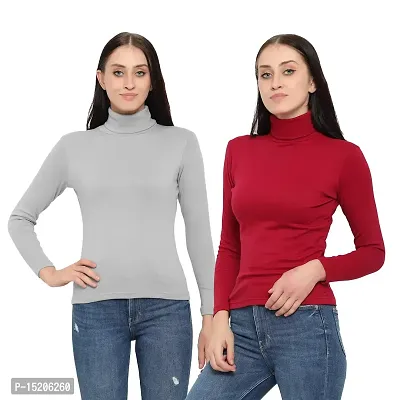 Ayvina Women's Cotton High Neck Slim Fit Top|Stylish Long Sleeve Turtle Neck Cotton Tshirt for Women Size S Pack of 2