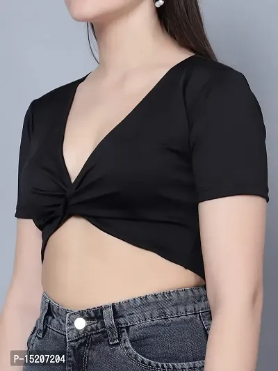 UNFLD Women's Solid Crop Top with Knot| Slim Fitted Half-Sleeves Front Knot Crop Tops with Deep V Neck for Women  Girls -Black-thumb3